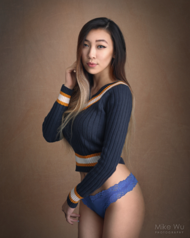 vancouver portrait photographer mike wu indoor studio photoshoot boudoir alluring beauty sexy sweater lingerie asian chinese lovely pretty cute