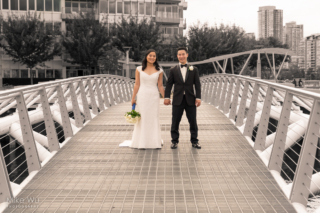 bridge, marriage, just married, wedding, vancouver, creekside, asian, bouquet, bride, groom, black and white, path, center