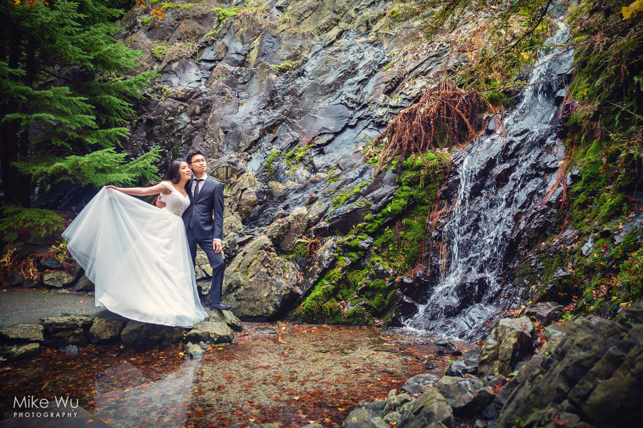 queen elizabeth park, couple, wedding, waterfall, water, reflection, nature, natural, engagement, photography, portrait, environmental, natural, nature, love, couple, loving, embrace, dress, asian